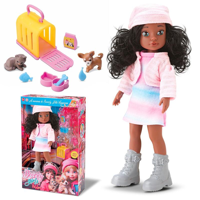 Boneca Pet Lover Negra Beverly Girls 32cm Com Cachorro Gato